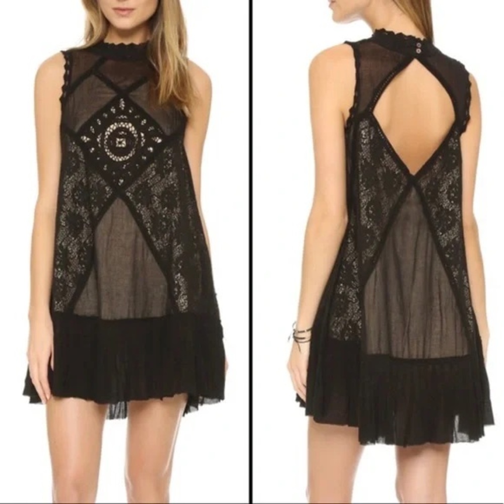 Free People Angel Lace Black Mini Dress with Raw Hem